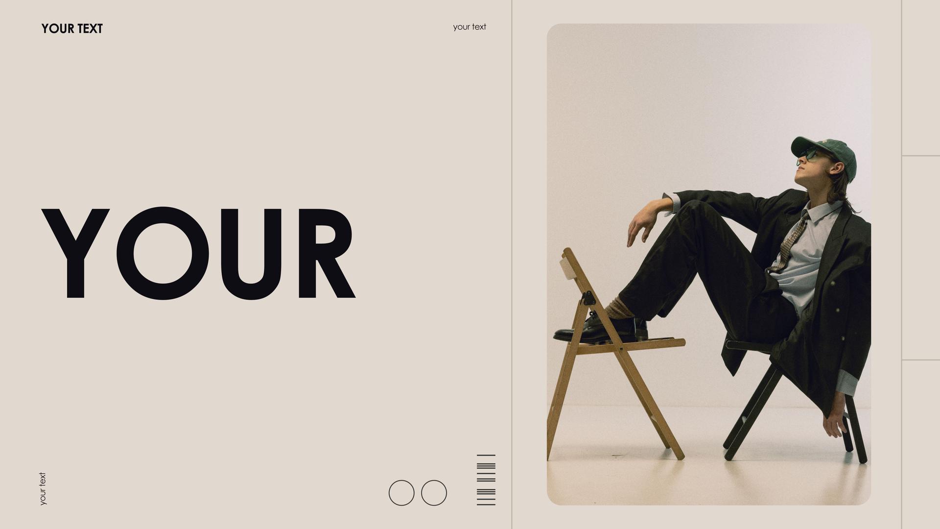 Fashionable young man lounging on chair, with in bold typography on beige background. Promotional content.