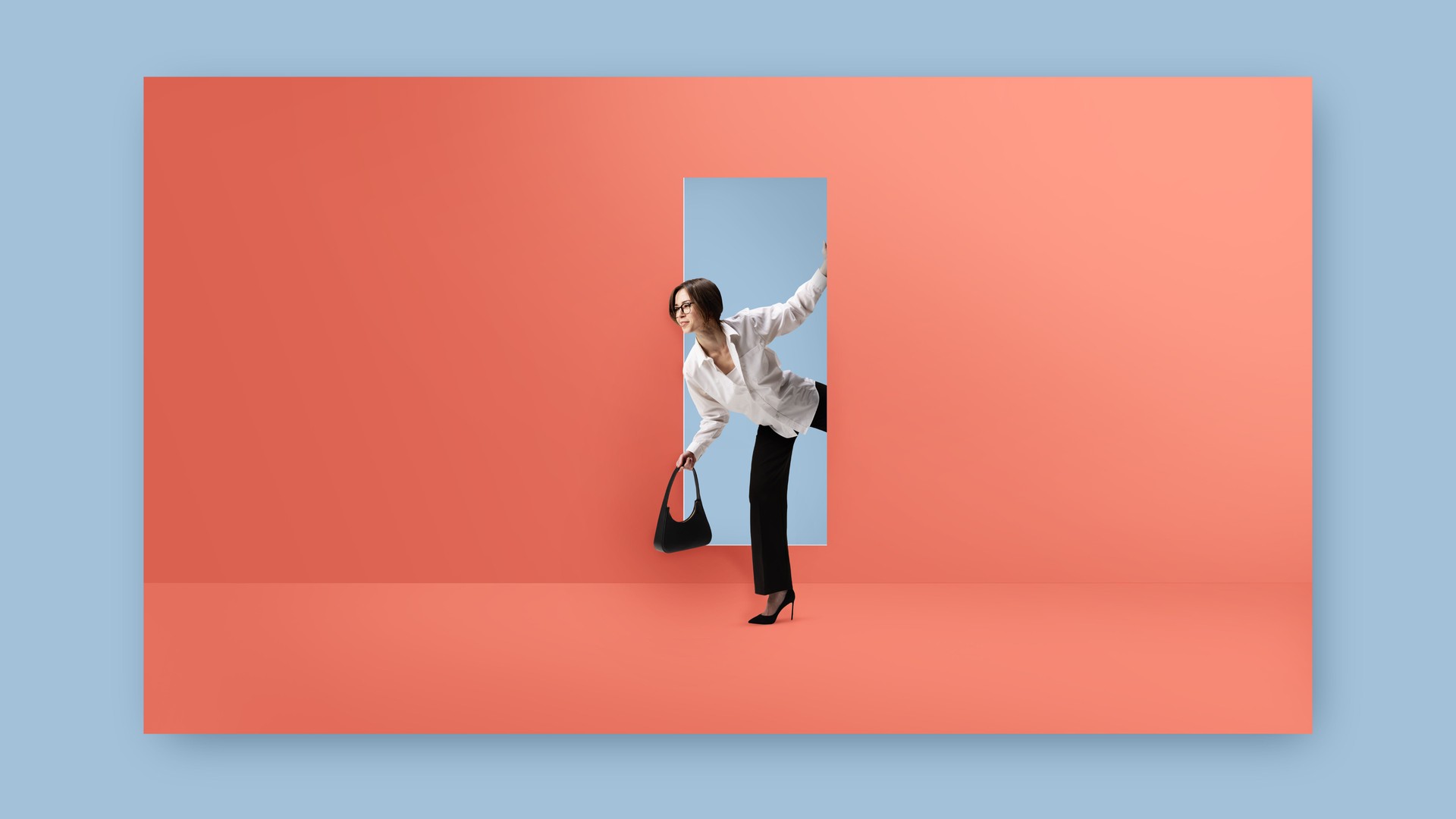 Collage of businesswoman stepping through doorway on coral wall with handbag and hopeful emotion