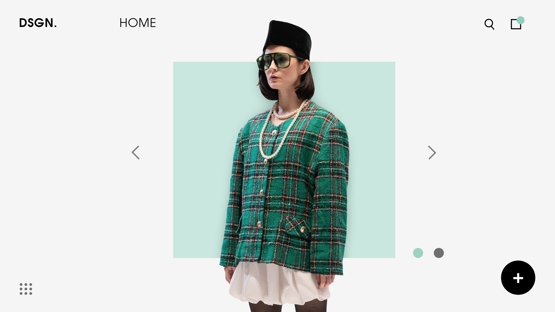 Woman in green plaid jacket, black hat, pearl necklace, clean pastel background, seamless navigation, and modern typography-driven product display.